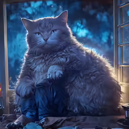 a large cat sitting on top of a bed
