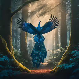 a peacock stands tall, open wings in the middle of a wooded area