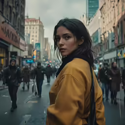 the woman is on a busy street in the city