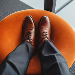 someone is sitting in an orange chair with their legs crossed, but no one wears shoes