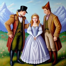 a portrait of an older couple dressed up as a woman and a man,painting of three men and a woman dressed up in renaissance clothing
