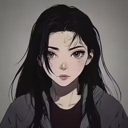 a anime character with dark hair, bangs and a dark jacket