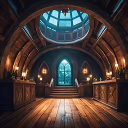 inside a logy log chapel with wood floor and arched window