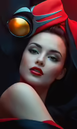 a woman with a red ribbon and goggles, her hair up in curls, and makeup, posing against a black background