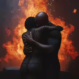 two people in lingerie hugging by a fire