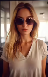 an adorable blonde girl wearing sunglasses looks to the left