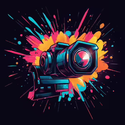 a colorful camera and splashy paint on black background