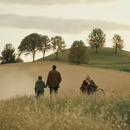 an elderly couple and their two young children holding hands walking in an open field