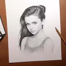 a drawing of a young girl with hair in a high bun