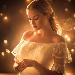 a woman in a white dress on a dark background