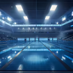 an empty swimming pool inside a building with illuminated lights