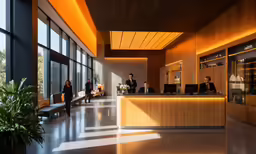 people in business attire are waiting at the reception desk