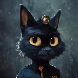 a black cat dressed in a tie with a golden clock on its head