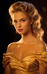 a close up of a person with blonde hair wearing a gold dress