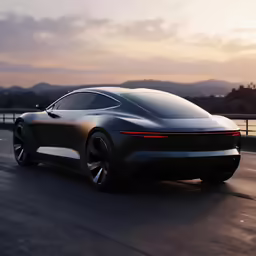 a rendering of a futuristic car traveling on a road at sunset
