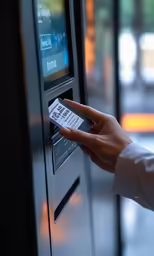 someone is inserting their ticket into an automated ticket machine