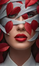 a woman has red and grey ribbons on her head