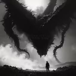 a man looking out into the distance as two giant monsters look on