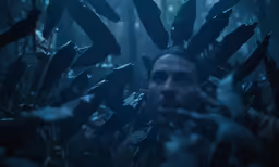a man staring straight ahead of him surrounded by feathers