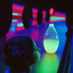 a girl standing by a window at night