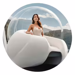 a woman in white dress standing behind a bubble chair