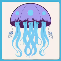 an illustration with blue jellyfish and buildings in the background
