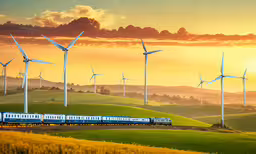 train passing through field with wind turbines in background,a train on the tracks passing by a field with windmills