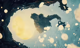 a person floating through the water in front of a large moon