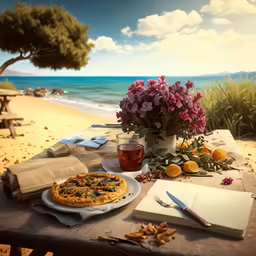 the table is set up with a large pizza, glass of tea, and some lemons