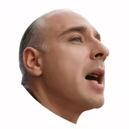 a man has a bald head and an expression that makes it appear he is holding something in his mouth