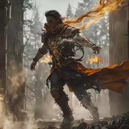 a man is running through the woods on fire