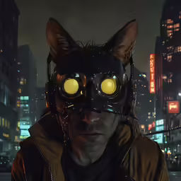 man in late night city wearing goggles with yellow lights