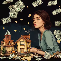 a woman in front of a pile of cash,woman at table with house and money raining from stacks