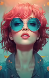 a girl with pink hair and large glasses
