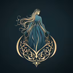 a woman in blue dress walking on the wing of a golden object,an elegant woman with long hair in a blue dress