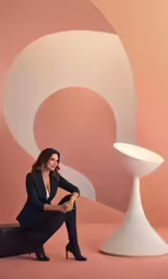 a woman in a black suit sitting on a stool