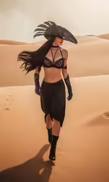a woman walking across a desert with long black hair