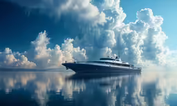 a large boat on a body of water near clouds