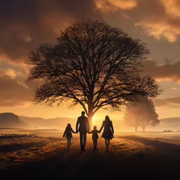 a family walking through the grass towards a tree