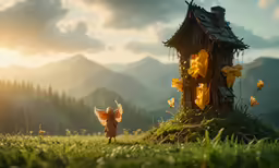 an artistic photograph of a fairy - tale house with yellow wings