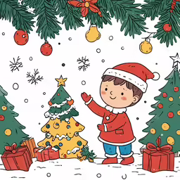 a boy standing near the christmas tree