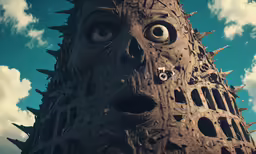 an artistic view of a tall structure with eyeballs and spikes
