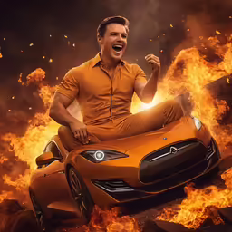 man in beige shirt and white pants on a brown car with flames