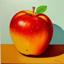 an apple has been painted and displayed on a table,a painting of an apple on top of a yellow table,an image of a painting of an apple on a table,a painting of an apple with a leaf on it,a painting of an apple with leaf, on a table