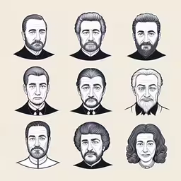 different facial and hair types are depicted,a set of sixteen portraits of six men,six different avatars of men in black and white,twelve historical men wearing different beards and mustaches,an old time picture of different ages of men