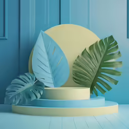 a blue and white plate a blue chair and a green plant