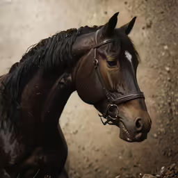 a brown horse with a white stripe on its head