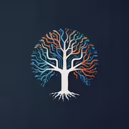 a colorful tree with roots and branches, painted in bright colors on dark background