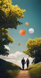 two people holding hands and walking down a trail