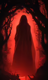 a person dressed as jesus standing in a dark forest